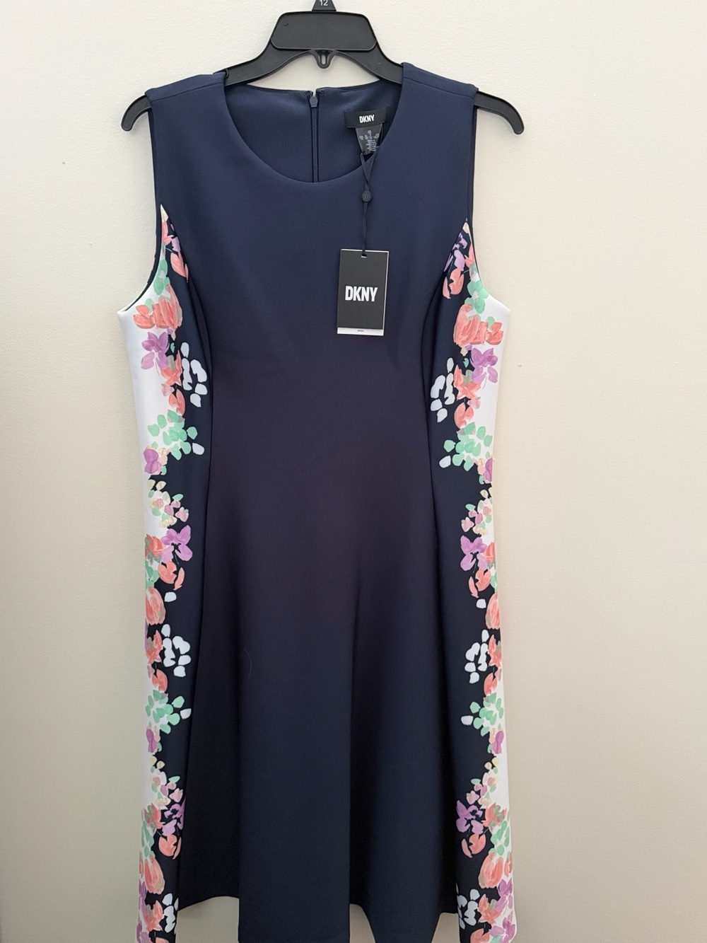 DKNY Navy Fit-and-Flare Dress with Floral Side Panels